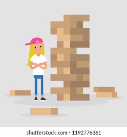 Young female character taking turn removing a block from a tower constructed of wooden bricks. Strategic thinking. Flat editable vector illustration, clip art