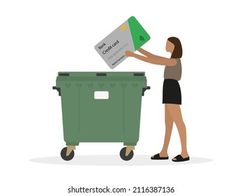 Young female character throwing a big credit card into the trash on a white background