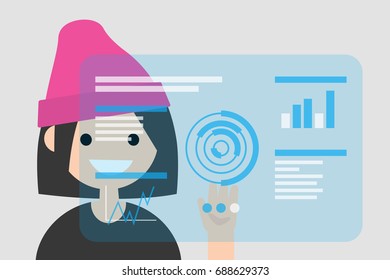 Young female character touching a blue transparent futuristic screen / flat editable vector illustration, clip art