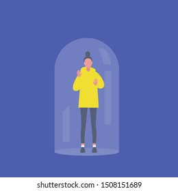 Young female character trapped under the glass dome calling for help. Mental health concept. Flat editable vector illustration, clip art