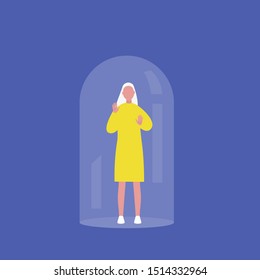 Young female character trapped under the glass dome calling for help. Mental health concept. Flat editable vector illustration, clip art