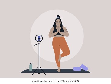 A young female character in a tree pose practicing yoga at home, an online workout scene, sport outfit