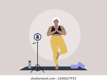 A young female character in a tree pose practicing yoga at home, an online workout scene, sport outfit