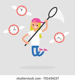 Young female character trying to catch the moment. Time. Deadline conceptual illustration. Flat editable vector, clip art