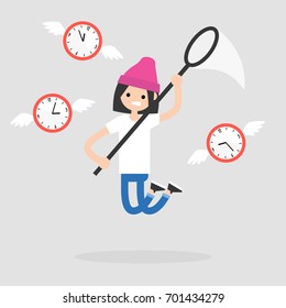 Young female character trying to catch the moment. Time. Deadline conceptual illustration. Flat editable vector, clip art