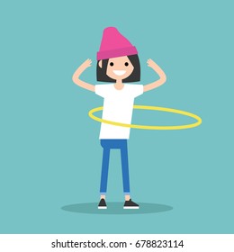 Young female character twirling a hoop around the waist / flat editable vector illustration, clip art