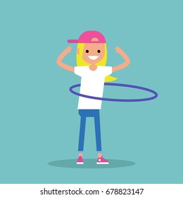 Young female character twirling a hoop around the waist / flat editable vector illustration, clip art