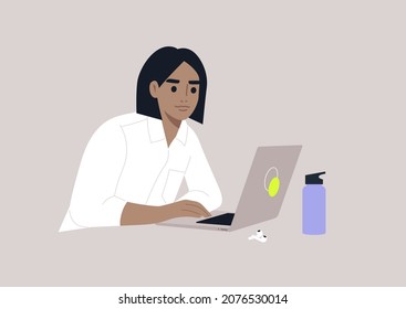 A young female character typing on a laptop, office daily life