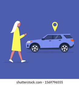 Young female character using a car sharing mobile app service, millennial lifestyle