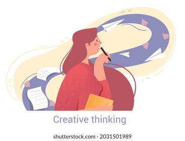 Young female character is using creative thinking for better writing on white background. People trying to do their work having different mental mindset types. Flat cartoon vector illustration