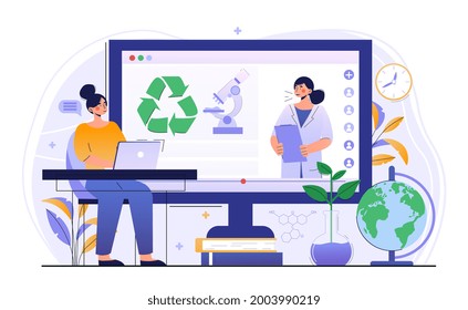 Young female character is using ecologist online service. Scientist is taking care of nature and study ecological environment on computer screen. Flat cartoon vector illustration