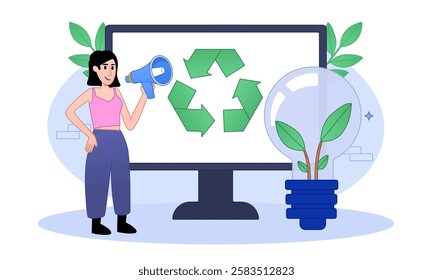 Young female character is using ecologist online service. Scientist is taking care of nature and study ecological environment on computer screen. Flat cartoon vector illustration.