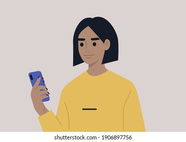 A young female character using a mobile phone, millennial daily life