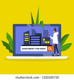 Young female character using an online platform to find an apartment for rent / House renting service. Flat editable vector illustration, clip art