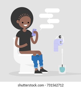 Young female character using a smartphone in a restroom. Modern habits. Flat editable vector illustration, clip art