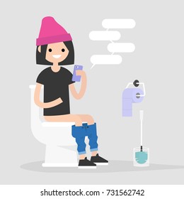 Young female character using a smartphone in a restroom. Modern habits. Flat editable vector illustration, clip art