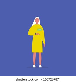 Young female character using a smartwatch. New technologies. Millennial lifestyle. Flat editable vector illustration, clip art
