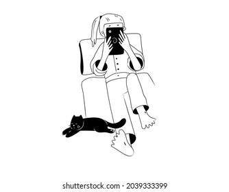 Young female character using tablet and laying in bed. Hand drawn outline vector illustration