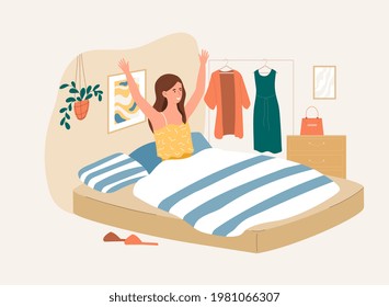 Young female character is waking up in morning feeling happy. Person sitting on bed and stretching arms. Concept of comfortable bedroom, deep sleep and wellness. Flat cartoon vector illustration
