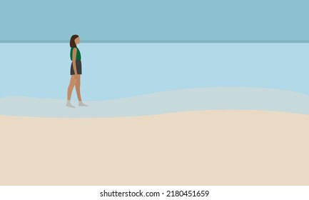 Young female character walking barefoot in the water on the beach