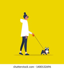 Young female character walking with a dog on a leash. Recreation. Outdoor. Modern lifestyle. Flat editable vector illustration, clip art