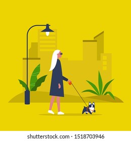 Young female character walking with a dog on a leash. Recreation. Outdoor. Modern lifestyle. Flat editable vector illustration, clip art