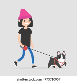 Young female character walking a dog. Pet owner. Flat editable vector illustration, clip art