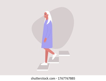 Young female character walking down the stairs, building entrance, daily routine