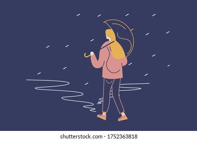  Young female character walking in the rain with umbrella ain front of two paths. Decision making concept. Flat design modern editable vector illustration.