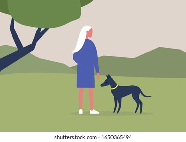 Young female character walking with their dog in the woods, outdoor leisure activities, summer time