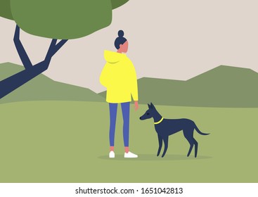 Young female character walking with their dog in the woods, outdoor leisure activities, summer time