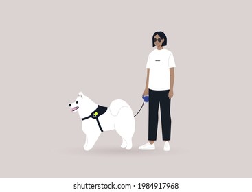 A young female character walking with their samoyed fluffy dog, modern urban lifestyle