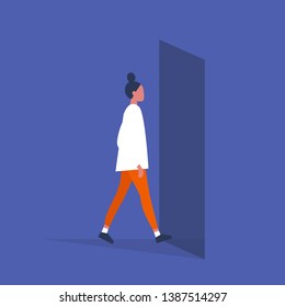 Young female character walking through a doorway. Daily life. Flat editable vector illustration, clip art