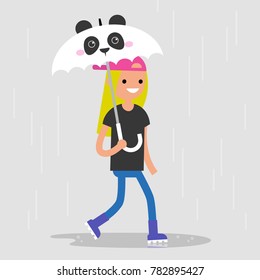 Young female character walking under an umbrella with a panda muzzle. Spring showers. Flat editable vector illustration, clip art