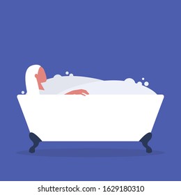 Young female character washing in a bathtub full of soap foam, relaxation and body treatment