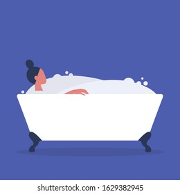 Young female character washing in a bathtub full of soap foam, relaxation and body treatment