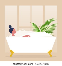 Young female character washing in a clawfoot vintage bathtub full of soap foam, relaxation and body treatment