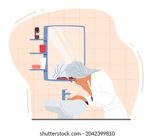 Young Female Character Washing Face Stand front of Mirror and Sink in Bathroom. Girl in Towel and Robe Applying Facial Skin Care or Hygiene Procedures, Morning Routine. Cartoon Vector Illustration