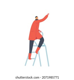 Young Female Character Wear Warm Winter Clothes Stand on Ladder Isolated on White Background. Woman Decorate Christmas Tree, Career, Success Achievement Concept. Cartoon Vector Illustration
