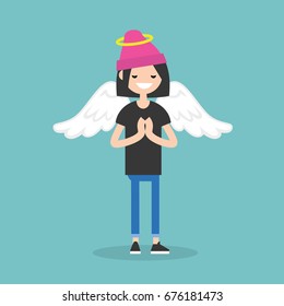 Young female character wearing angel costume: nimbus and wings / flat editable vector illustration, clip art