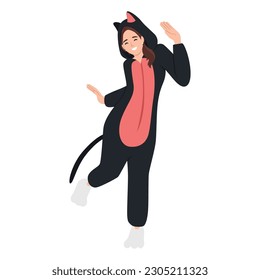 Young female character wearing a cat costume. Funny cosplay outfit. Flat vector illustration isolated on white background 