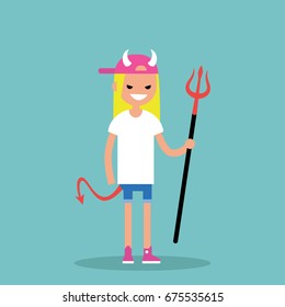 Young female character wearing devil elements: horns, tail and trident / flat editable vector illustration, clip art