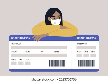 Young female character wearing a face mask and leaning on a boarding pass image, coronavirus travel restrictions concept