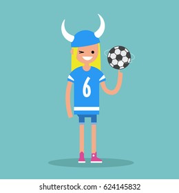 Young female character wearing football form spinning a ball / flat editable vector illustration, clip art