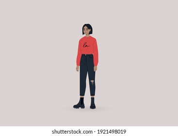 A young female character wearing heavy black boots and a red long sleeve shirt, modern casual lifestyle