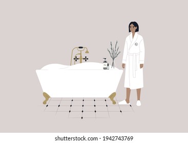 A young female character wearing a hotel bathrobe, a cozy bathroom interior with a claw foot vintage tub