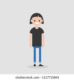 Young female character wearing a modern short haircut. Lifestyle. Millennial. Flat editable vector illustration, clip art