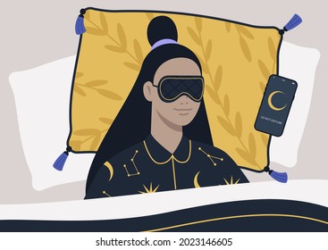 A young female character wearing a night mask and silk pajamas in bed, a mobile phone on silent mode next to them on a pillow