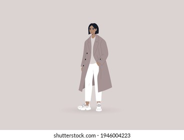 A young female character wearing an oversize trench coat and big sneakers, a modern street style concept