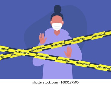 Young female character wearing a protective mask behind the quarantine yellow tape, coronavirus outbreak, social isolation